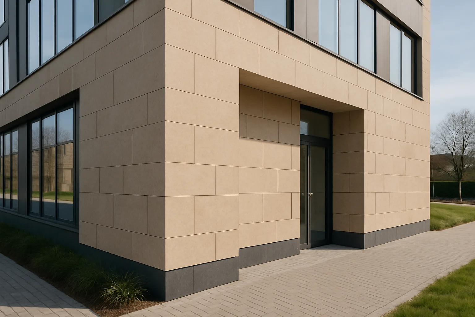 Elewacja budynku z płytami wielkoformatowymi, nowoczesny design i szklane okna