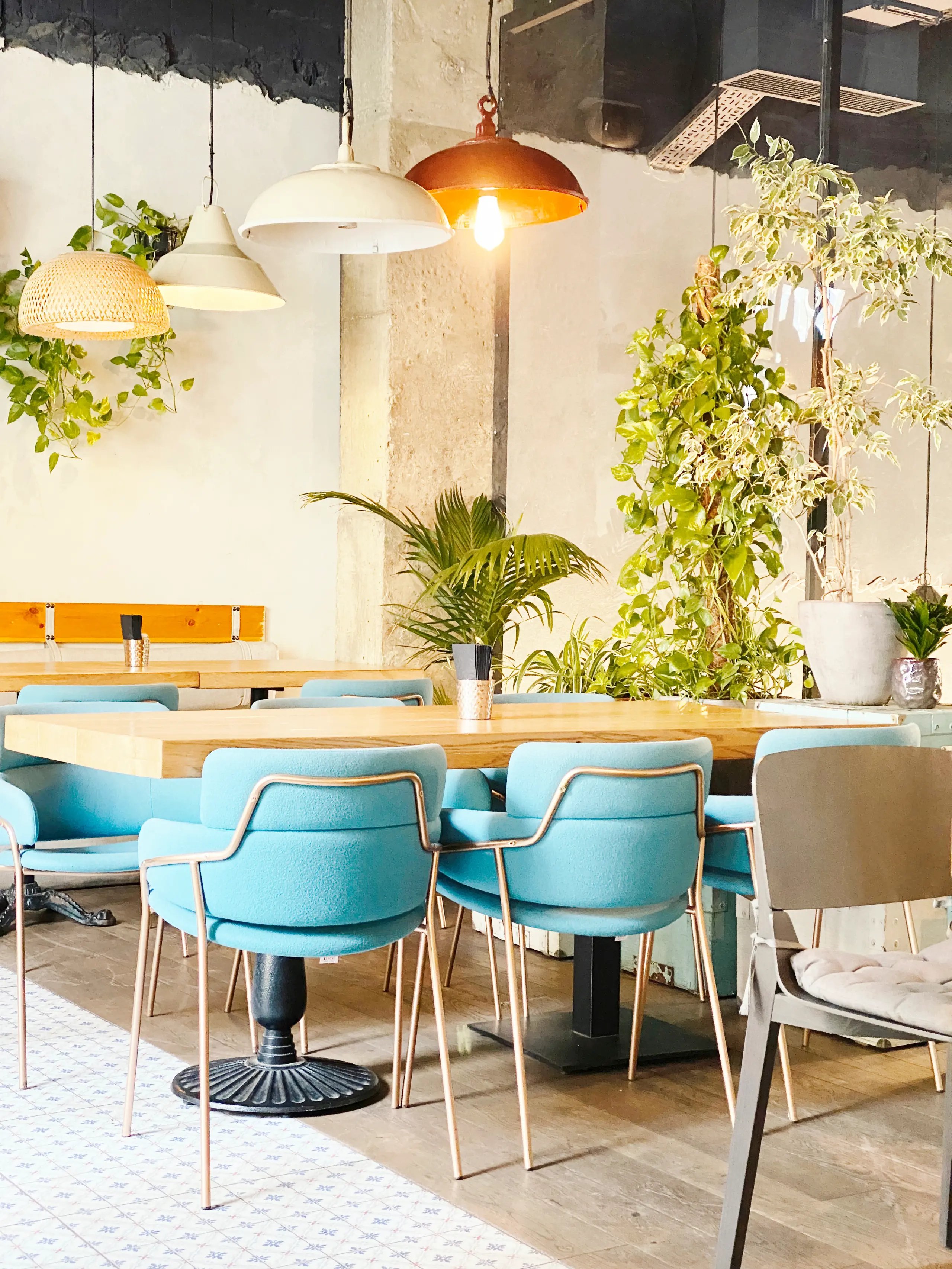Nowoczesne wnętrze restauracji z niebieskimi krzesłami i stołami, wykończone roślinnością